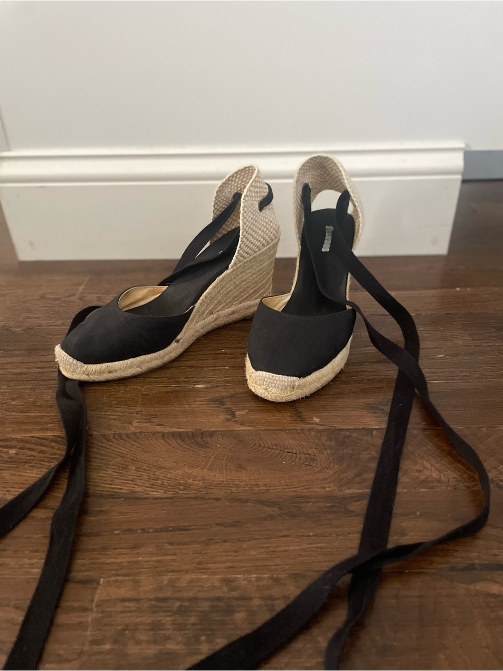 Black Soludos Espadrille Wedge Sandals with Ankle Wrap